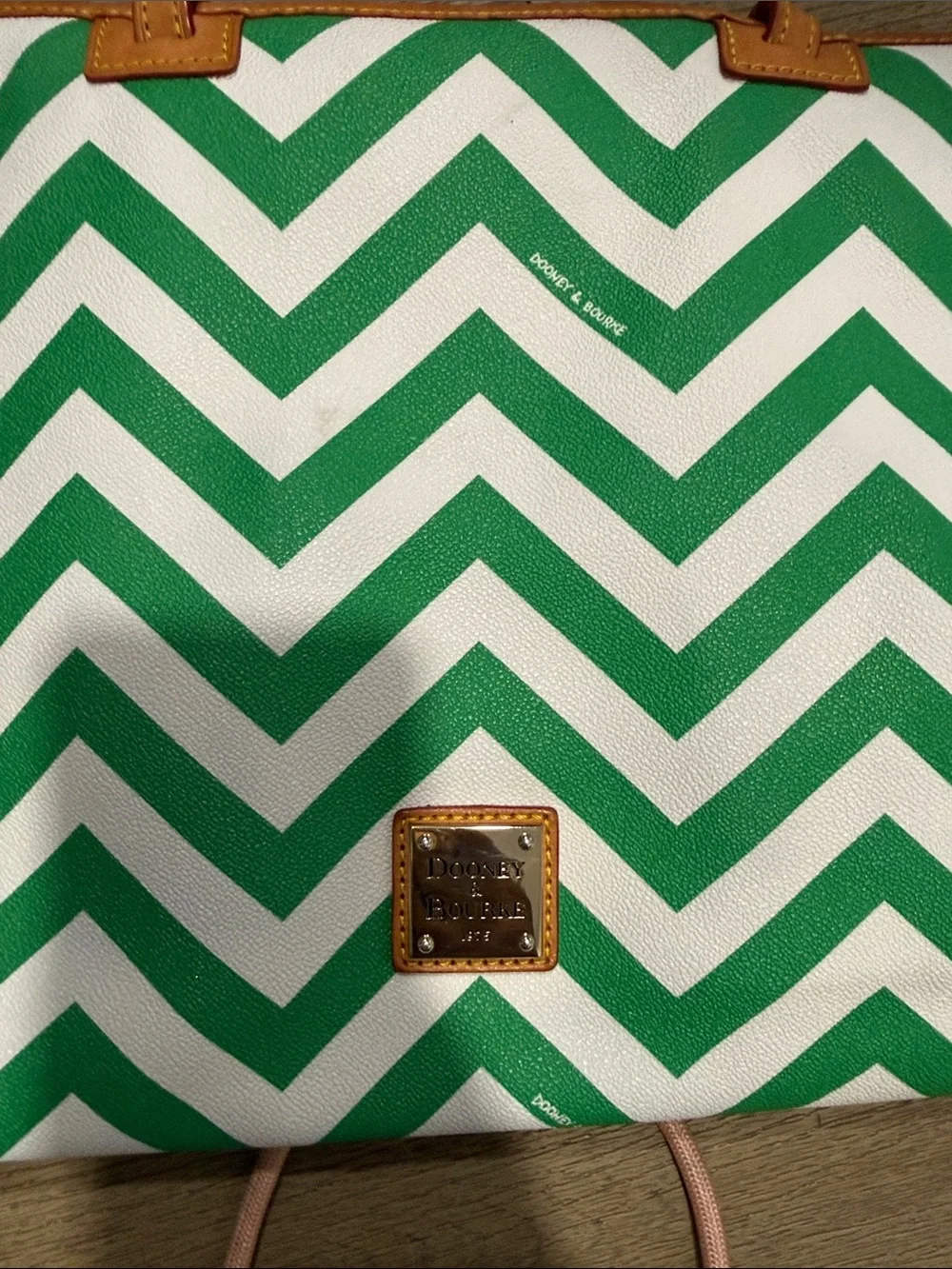 Dooney & Bourke Green and White Chevron Cosmetic Pouch with Tan Trim